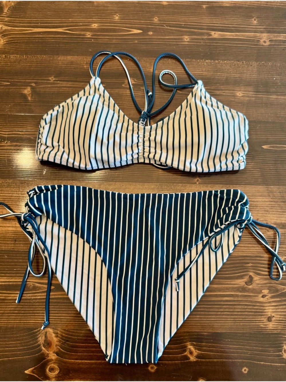 Cupshe Navy and White Striped Bikini with Side Ties Size L
